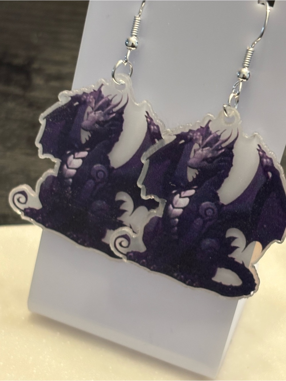 Purple Dragon Acrylic Dangle Earrings | Violet Night Dragon | Silver Hooks